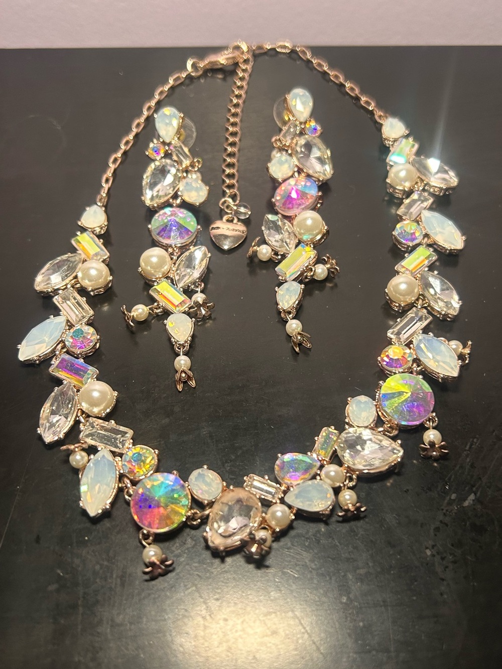 Betsy Johnson Sparkling Iridescent Crystal Necklace and Earring Set - Gold Tone